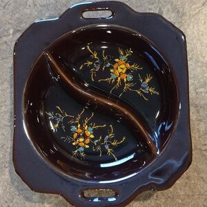 (J30) Vintage Redware Moriage Ceramic Divided Dish